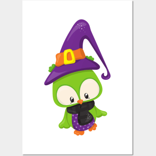 Halloween Owl, Cute Owl, Green Owl, Witch Hat Posters and Art